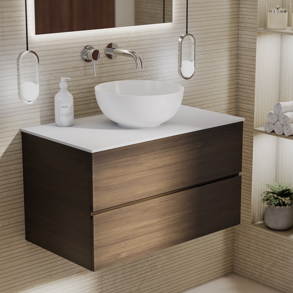 product lifestyle image of Zero Eucalypto 800mm Double Drawer Wall Hung Vanity Unit and Matt White Worktop 1042-BL1167C-130X